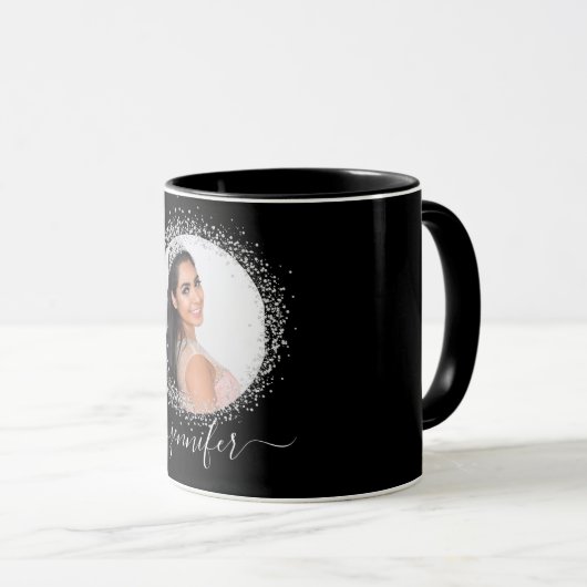 Zwart zilveren fotoglitter-naamscript mok (Voorkant rechts)