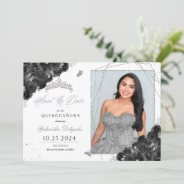Zwart & zilveren fotokaart Quinceañera De datum op Kaart