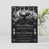 Zwart Zilveren Glitter Baubles Kerst Sweet 16 Kaart (Staand voorkant)