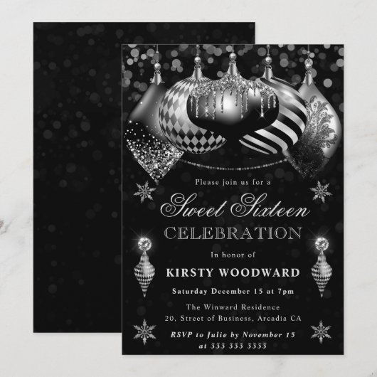 Zwart Zilveren Glitter Baubles Kerst Sweet 16 Kaart (Voorkant / Achterkant)