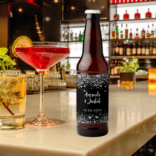 Zwart zilveren glitter bruiloft bier etiket