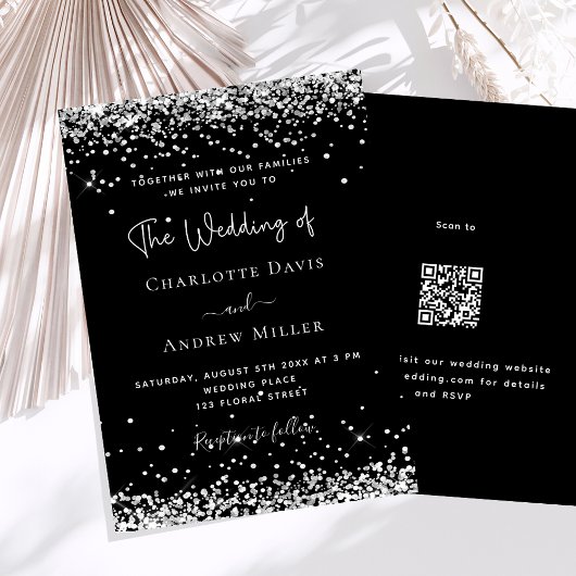 Zwart zilveren glitter moderne QR RSVP luxe bruilo Kaart