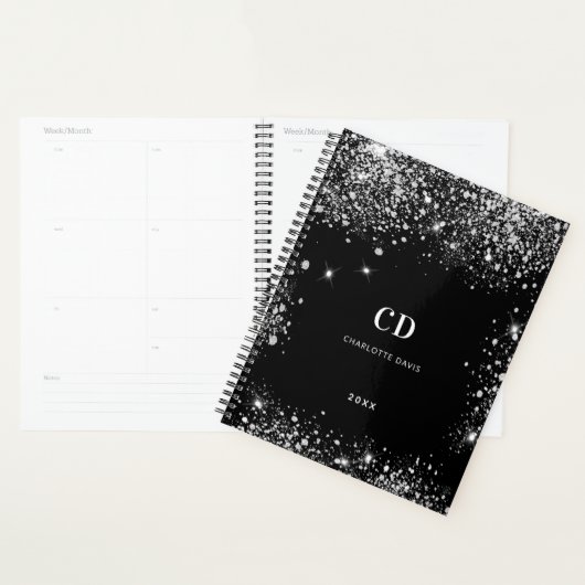 Zwart zilveren glitter monogram initialen 2025 planner (Display)