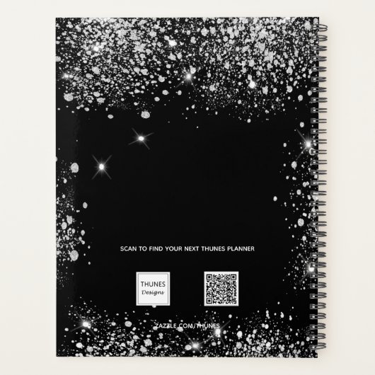 Zwart zilveren glitter monogram initialen 2025 planner (Achterkant)