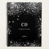 Zwart zilveren glitter monogram initialen 2025 planner (Voorkant)
