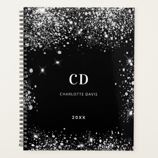 Zwart zilveren glitter monogram initialen 2025 planner (Voorkant)