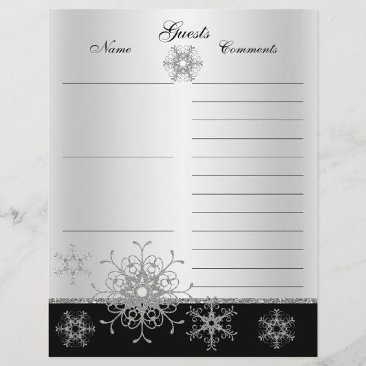 Zwart, zilveren glitter Snowflakes Gastboekpapier (Voorkant)