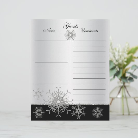 Zwart, zilveren glitter Snowflakes Gastboekpapier (Staand voorkant)