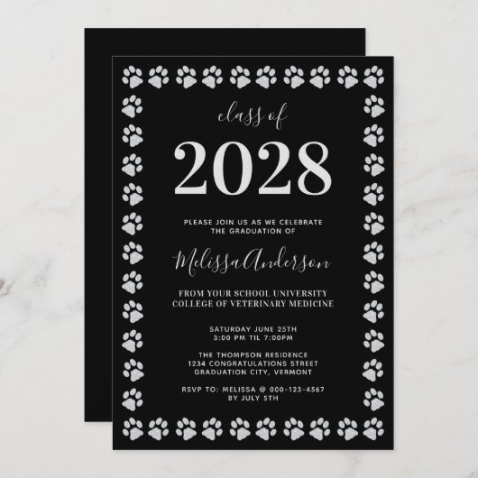 Zwart zilveren glitter-verven Afstuderen Kaart (Voorkant / Achterkant)