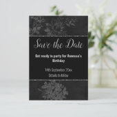 ZWART ZILVEREN GLITTERENDE  BLOEMENPATROON SAVE TH RSVP KAARTJE (Staand voorkant)