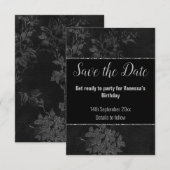 ZWART ZILVEREN GLITTERENDE  BLOEMENPATROON SAVE TH RSVP KAARTJE (Voorkant / Achterkant)