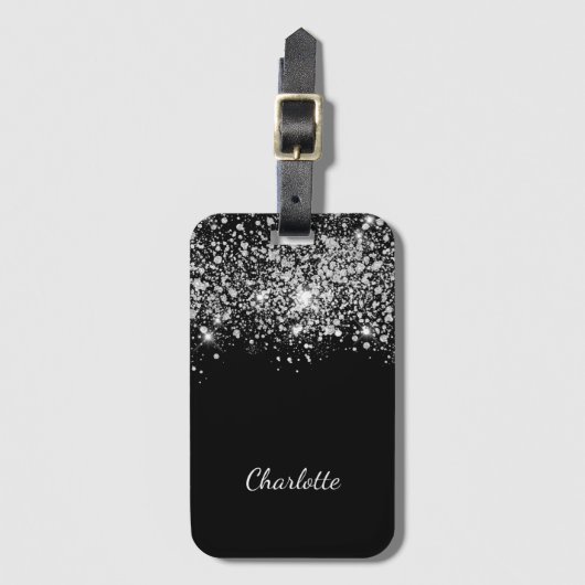 Zwart zilveren glitterstofmonogram bagagelabel (Voorkant (verticaal))