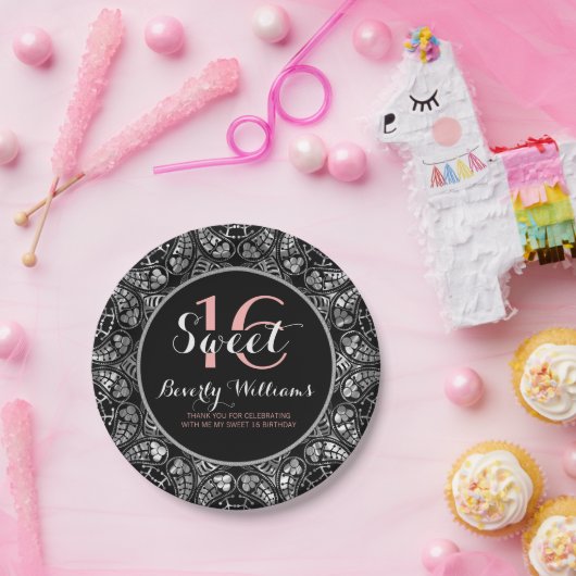 Zwart & Zilveren Grijs Bloemen Kant Zoet 16 Papieren Bordje (Feest)