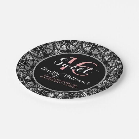 Zwart & Zilveren Grijs Bloemen Kant Zoet 16 Papieren Bordje (Gekanteld)