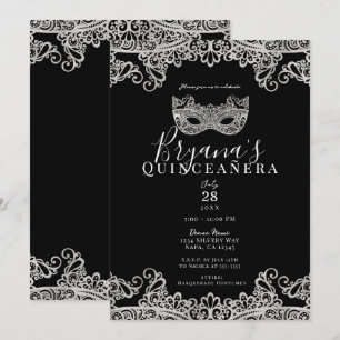 Zwart & Zilveren Kant Maskerade 15e Quinceañera Kaart