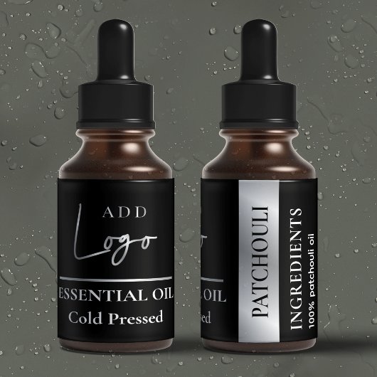 Zwart Zilveren Logo Essentiële Oliefles Waterdicht Labels