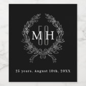 Zwart zilveren monogram 25e trouwdag wijn etiket (Enkel label)