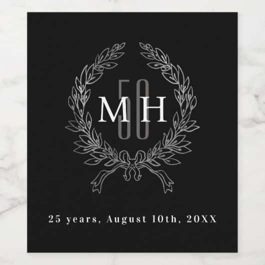 Zwart zilveren monogram 25e trouwdag wijn etiket (Enkel label)