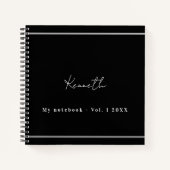 Zwart zilveren naam script minimalistisch notitieboek (Voorkant)