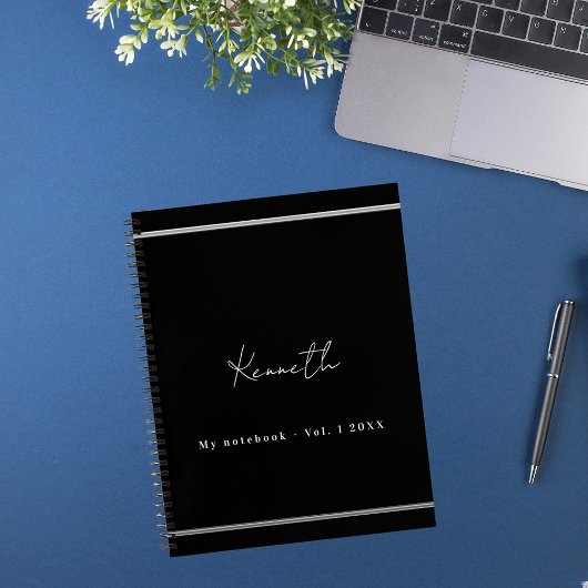 Zwart zilveren naam script minimalistisch notitieboek
