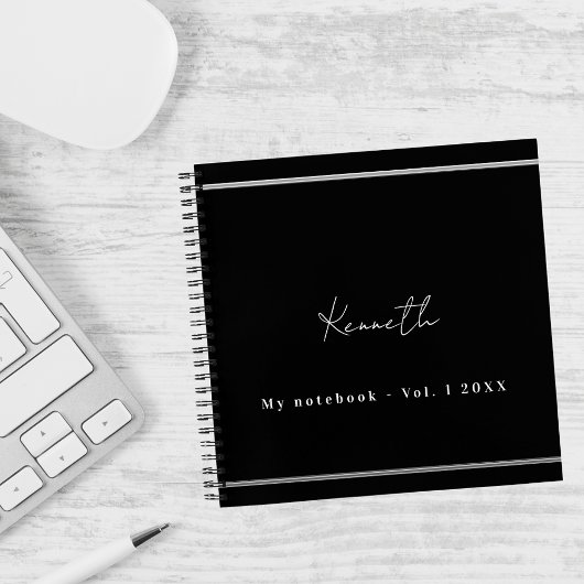 Zwart zilveren naam script minimalistisch notitieboek