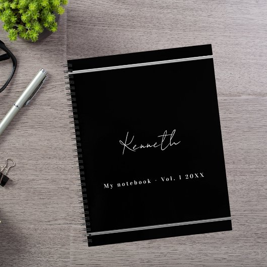 Zwart zilveren naam script minimalistisch notitieboek