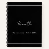 Zwart zilveren naam script minimalistisch notitieboek (Voorkant)