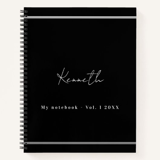 Zwart zilveren naam script minimalistisch notitieboek (Voorkant)