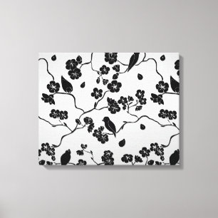 Zwart zilveren patroon vogels en kersenbloesems canvas afdruk