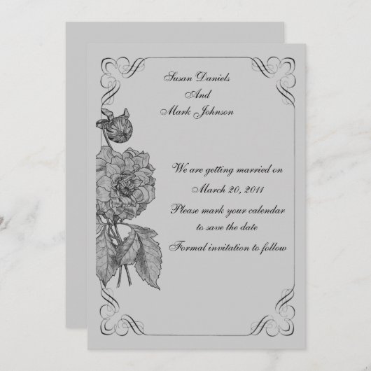 Zwart Zilveren Pioen Bloemen Bruiloft Save The Dat Kaart (Voorkant / Achterkant)