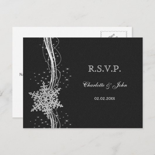 Zwart Zilveren Sneeuwvlokken Winter bruiloft RSVP Uitnodiging Briefkaart (Voorkant / Achterkant)