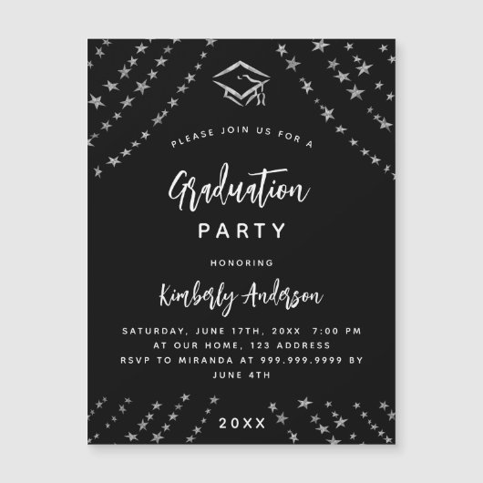 Zwart zilveren sterren afstudeerfeest luxe magnetische uitnodiging (Voorkant)