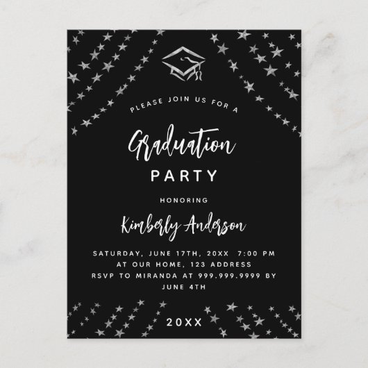 Zwart zilveren sterren afstudeerfeest modern uitnodiging briefkaart (Voorkant)