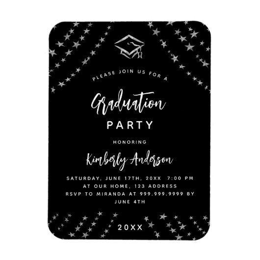 Zwart zilveren sterren afstudeerfeest uitnodiging magneet (Verticaal)