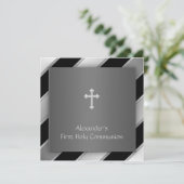 Zwart Zilveren Streep Boy Eerste Communie Kaart (Staand voorkant)