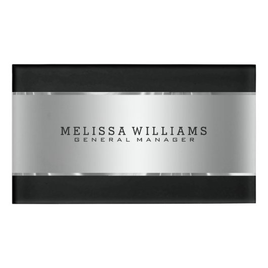 Zwart & Zilveren Strepen Modern Geometrisch Ontwer Naambadge (Voorkant)