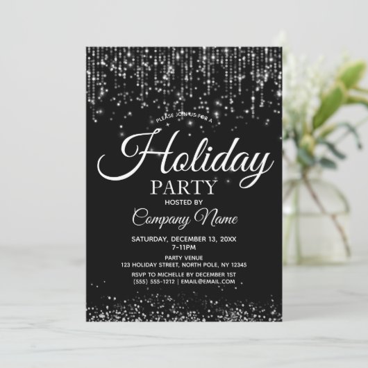 Zwart Zilveren String Lights Zakelijke feestdag Kaart (Staand voorkant)