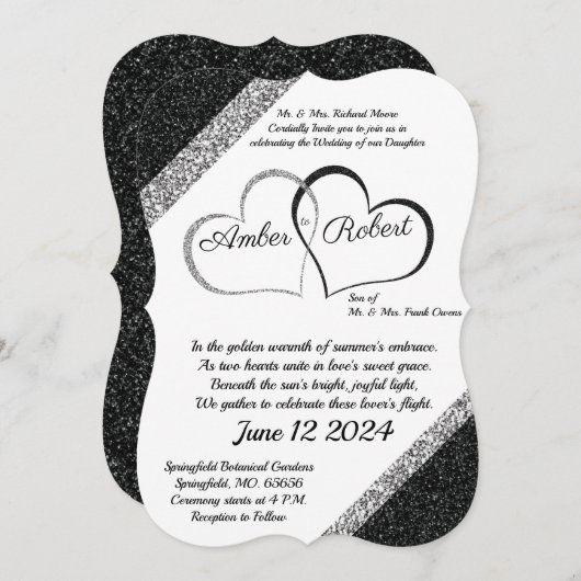 Zwart & Zilveren Trouw Uitnodiging met Hartgedicht (Voorkant / Achterkant)