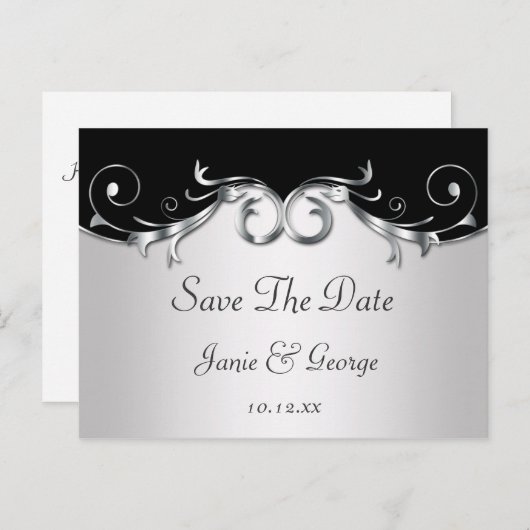 zwart-zilveren wervelingen redden de datum aankondigingskaart (Voorkant / Achterkant)