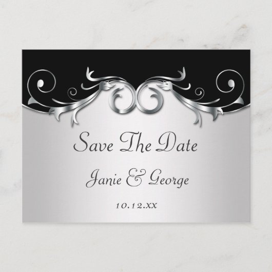 zwart-zilveren wervelingen redden de datum aankondigingskaart (Voorkant)