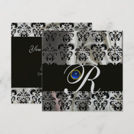 ZWART ZILVEREN ZIJDE DAMAST MONOGRAM BLAUWE SAPPH KAART