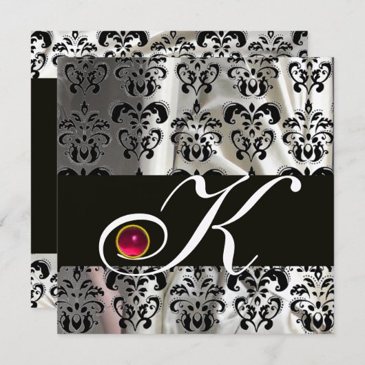 ZWART ZILVEREN ZIJDE DAMASTEN STOF MONOGRAM ROZE R KAART (Voorkant / Achterkant)