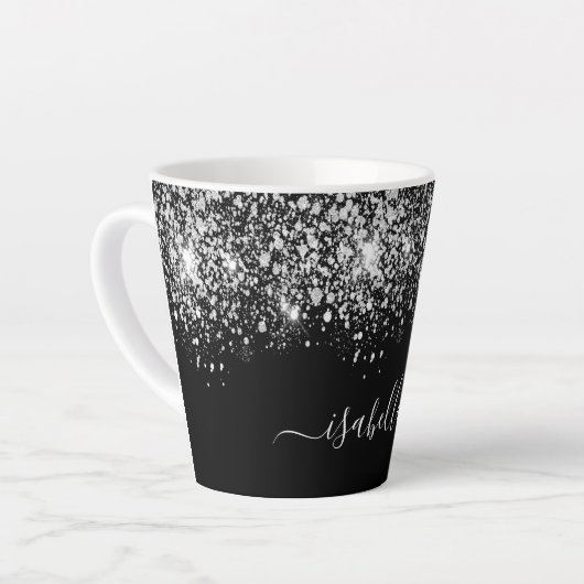 Zwart zilverglitternaamscript latte mok (Linkerhoek)