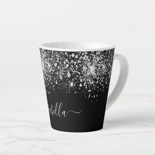 Zwart zilverglitternaamscript latte mok (Rechterhoek)