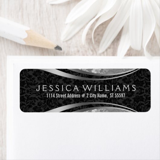 Zwart & Zilvergrijs  Bloemen Damasks Etiket (Insitu)
