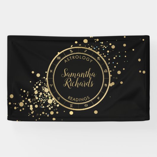 Zwart Zodiac Astrologie Gouden Sterren Spandoek (Horizontaal)