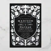 Zwart Zwaard Schild Middeleeuws Monogram Huwelijk Folie Uitnodiging (Voorkant)