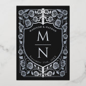 Zwart Zwaard Schild Middeleeuws Monogram Huwelijk Folie Uitnodiging (Achterkant)
