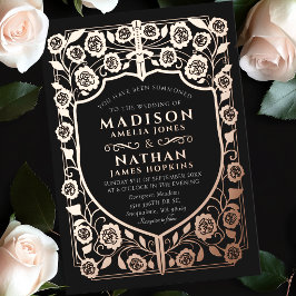 Zwart Zwaard Schild Middeleeuws Monogram Huwelijk Folie Uitnodiging