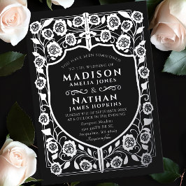 Zwart Zwaard Schild Middeleeuws Monogram Huwelijk Folie Uitnodiging